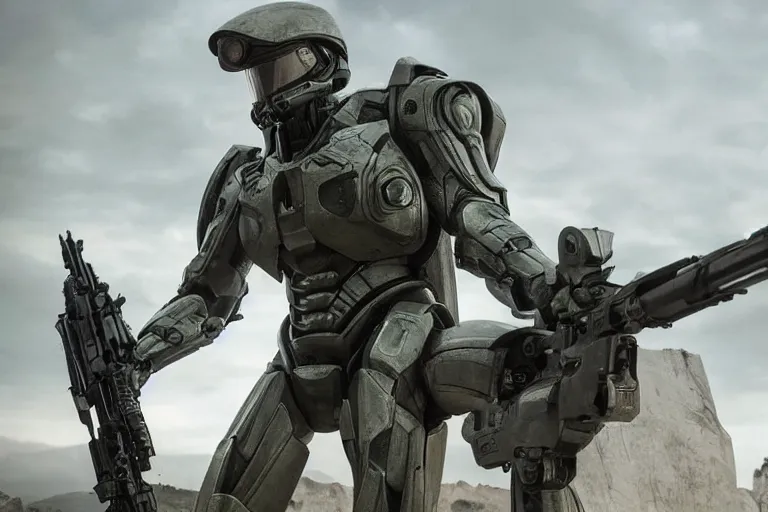 Image similar to vfx movie, sci - fi super soldier in worn military futuristic armor, posing with futuristic rifle in alien technology temple, master chief by emmanuel lubezki