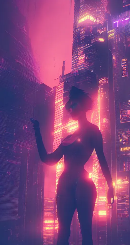 Image similar to cyberpunk women, high detail, city, neon lights, glow, sunset, atmospheric, cinematic, in style of retrowave ,