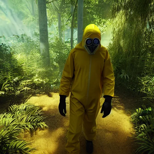 Image similar to a man wearing a hazmat suit and gasmask, walking through a lush jungle, unreal engine 5, ray traced, god rays, extremely high detail