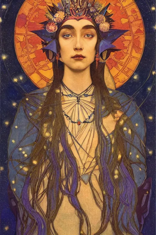 Image similar to queen of the moon with stars in her hair, by nicholas roerich and annie swynnerton and donato giancola and dulac, dramatic lighting, god rays, geometric tattoos, rich colors, smooth sharp focus, extremely detailed, leo and diane dillon, adolf wolfli