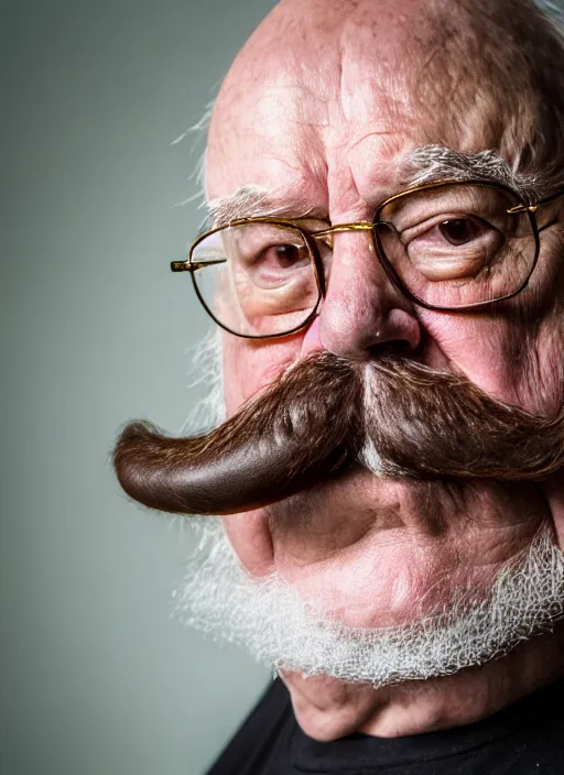 Image similar to dslr portrait photo still of!!! wilfred brimley!!!!!! white mustache mustache is white white white white mustache!!! as a gangsta rapper with gold chains and gold teeth grills growling at camera, 8 k, 8 5 mm f 1. 8