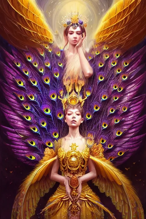 Prompt: ultradetailed portrait of an empress of celestial beauty! with large wings of protecton, a grand golden throne, beautiful flowers and butterflies, crown made of peacock feathers by greg rutkowski, karol bak and peter mohrbacher, volumetric lighting, magical realism, celestial, goddess, empress.