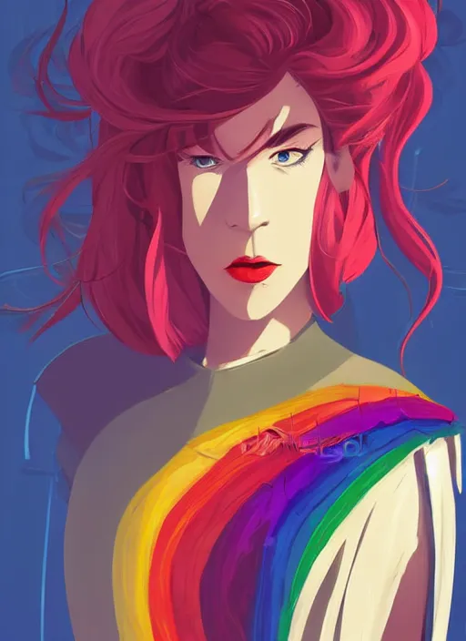 Prompt: a young woman in full plate armor with beautiful rainbow hair and red lips in a dramatic pose. she is a knight. clean cel shaded vector art. shutterstock. behance hd by lois van baarle, artgerm, helen huang, by makoto shinkai and ilya kuvshinov, rossdraws, illustration, art by ilya kuvshinov