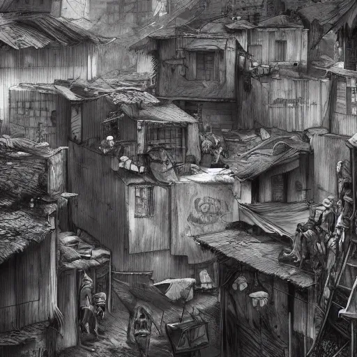 Prompt: slum neighborhood in lord of the ring world, on artgerm style, hyperrealistic content, high definition content, intricate, delete duplicate content, justify content center, 5 dark tone colors