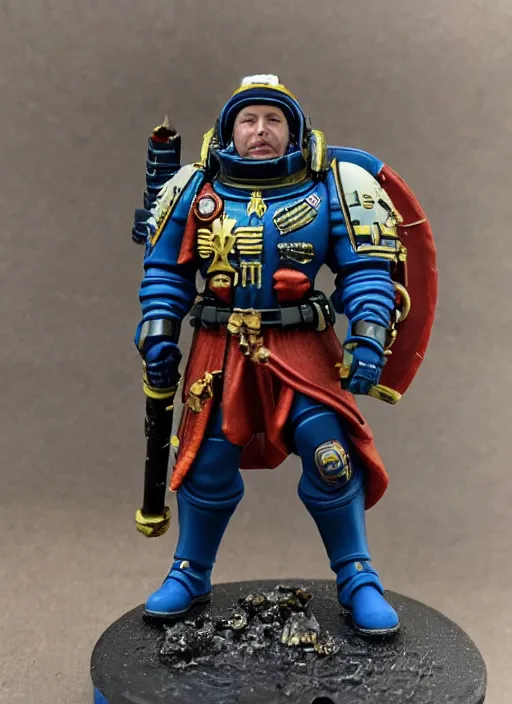 Image similar to 8 0 mm resin detailed miniature of elon musk as a warhammer 4 0 k space marine general, product introduction photos, 4 k, full body,