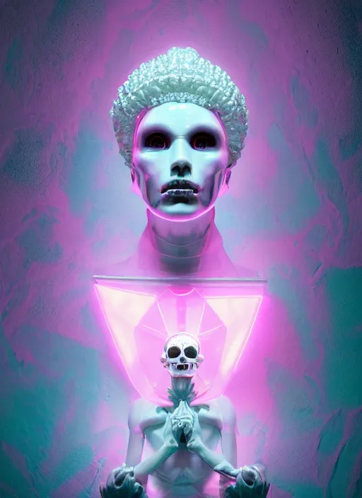 Prompt: photo of fullbodied baroque and bladerunner delicate neon diamond sculpture of seductive ceramic albino marble prince andres sanjuan dotado mint iridescent humanoid deity wearing pink plastic fluffy hoody holding diamond skull in a white alien dungeon, reclining, glowing magenta face, crown of white diamonds, cinematic lighting, photorealistic, octane render 8 k depth of field 3 d