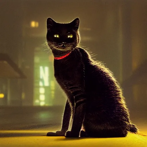 Image similar to a cat from the movie blade runner with long sharp claws and a laser eye. on a wet reflective street atmospheric lighting, neon glow, internal glow, ray tracing, 8 k, stunning still from film.