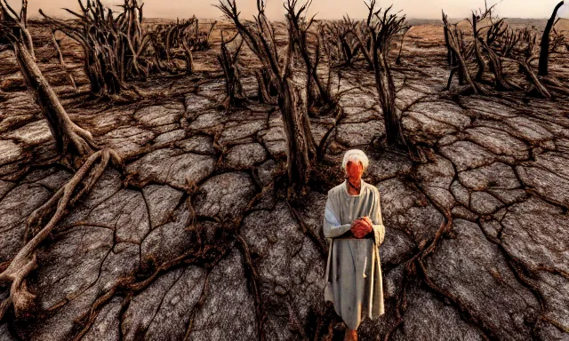 Image similar to medium shot of a nondescript crying ancient dried up Danu, peaceful, facing the camera and standing in front of a dried up river in a desolate land, dead trees, blue sky, hot and sunny, highly-detailed, elegant, dramatic lighting, artstation, 4k, cinematic landscape, photograph by Elisabeth Gadd