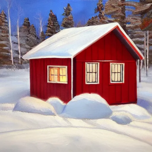 Prompt: a cozy red cabin in northern Sweden, oil painting, trending on artstation