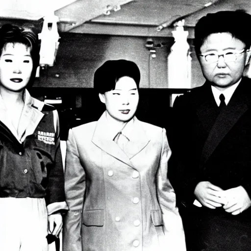 Image similar to rare vintage footage of Godzilla, Choi Eun-hee and Kim Jong-il, obscured underexposed view