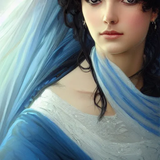 Image similar to ameera al taweel, bright blue eyes, long wavy black hair, white veil, front , highly detailed, digital painting, artstation, concept art, smooth, sharp focus, illustration, ArtStation, art by artgerm and greg rutkowski and alphonse mucha and Edmund Blair Leighton