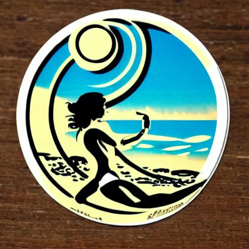 Prompt: vintage circular 1970 surf bikini sticker