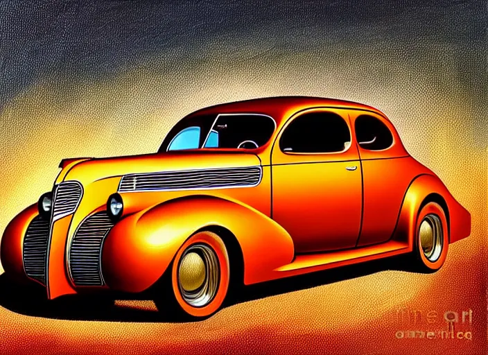 Prompt: beautiful painting, 1 9 3 7 pontiac sedan, two tone, tan with dark brown fenders, california background, sunset, dramatic lighting