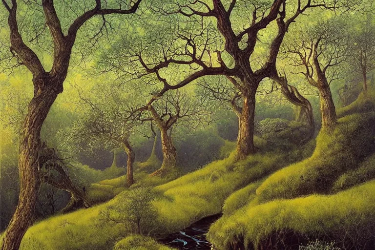 Image similar to masterpiece painting of oak trees on a hillside overlooking a creek, dramatic lighting, by daniel merriam