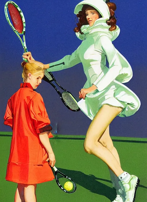 Prompt: a low angle copic maker art nouveau portrait of a russian girl playing tennis on a grass court wearing a futuristic puffy anorak and a latex suit designed by balenciaga by john berkey norman rockwell