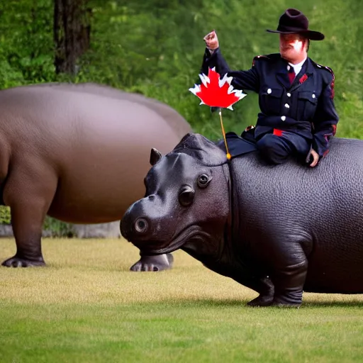 Image similar to photograph of a canadian mountie riding a giant hippo