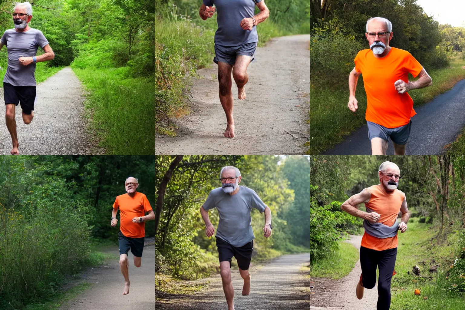 Prompt: a skinny old man with glasses, a very short grey beard and moustache, wearing an orange t-shirt, running barefoot along a path beside a wide river