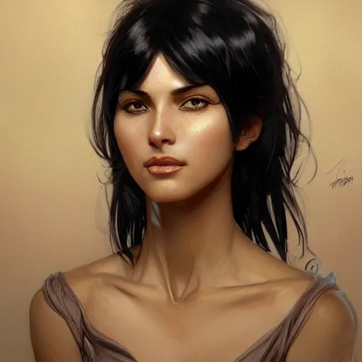 Prompt: happy woman with short, spiky black hair and dark skin, slanted amber eyes, long thin scar on her face. highly detailed, digital painting, artstation, concept art, sharp focus, beautiful face, expressive eyes, illustration, art by Artgerm and greg rutkowski and alphonse mucha