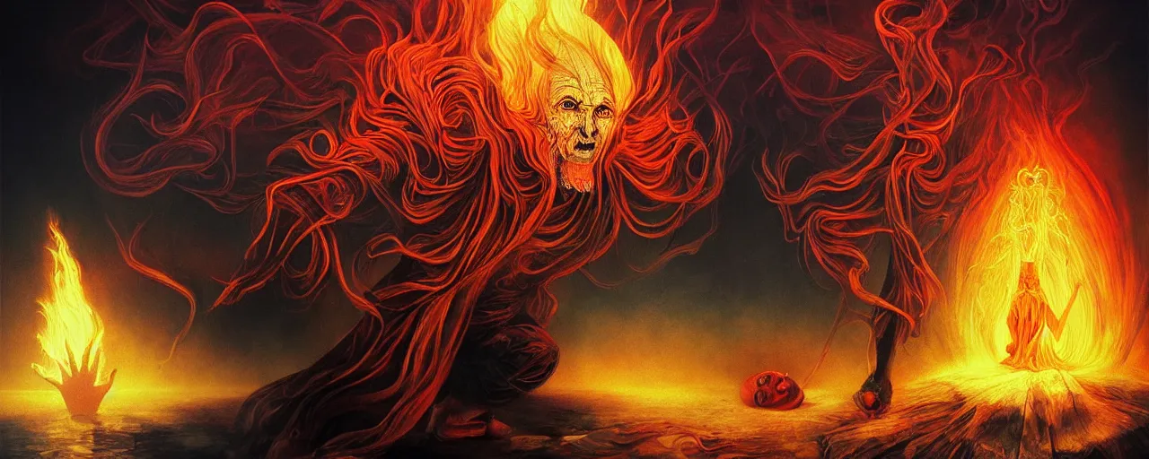 Image similar to personified emotion and thought creatures repressed in the depths unconscious of the psyche lead by baba yaga, about to rip through and escape in a extraordinary revolution, dramatic fiery lighting, surreal painting by ronny khalil