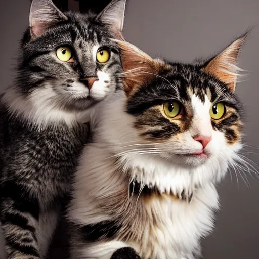 Prompt: very cute huge calico main coon towers over shorthair domestic cat in office, portrait, pixar style, cinematic lighting, award winning creature portrait photography