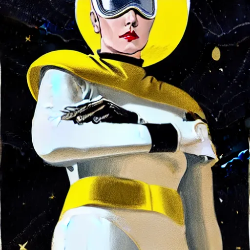 Prompt: portrait soft light, stoic emotionless heroic butch blonde woman space hero in white and gold uniform and cape and boots and gloves, with jetpack, very short slicked - back hair, victorian brass goggles, hero pose, by frank mccarthy and conrad roset, inspired by flash gordon, paintbrush, rough paper, fine,