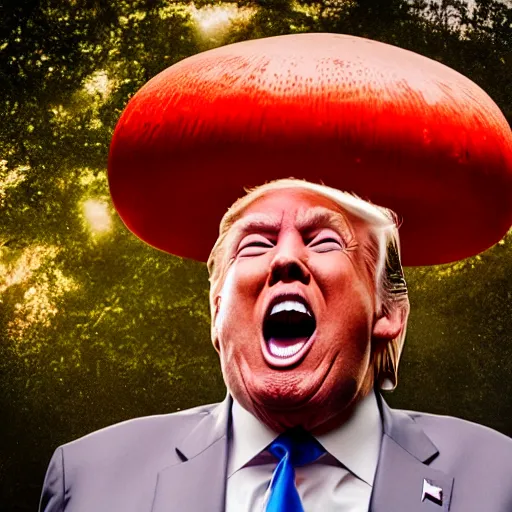 Image similar to portrait photo of Donald Trump finding a giant red mushroom, exhilarated, portrait, closeup. mouth open, 30mm, bokeh