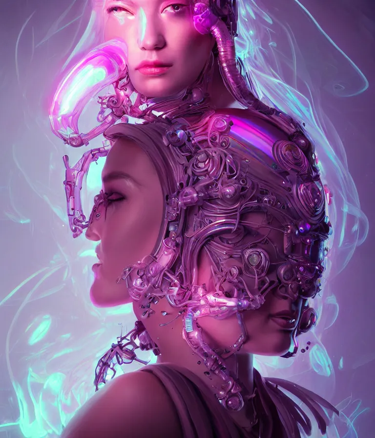 Image similar to iridescent portrait of a beautiful princess of death in robe. hard surface modelling. cyberpunk look. biomechanical mask. bio luminescent biomechanical halo around head. neon jellyfish. artwork by jarold Sng by artgerm, by Eddie Mendoza, by Peter mohrbacher by tooth wu, unreal engine, octane render, cinematic light, high details, iridescent colors, dichroic, macro, 4l