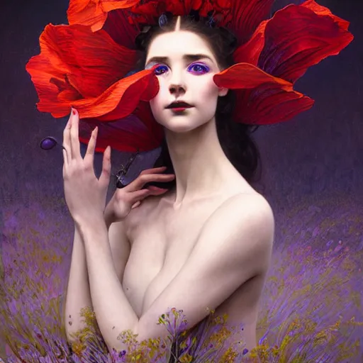 Image similar to young poppy queen, unique non conventional beauty, surreal, fantasy, intricate, elegant, dramatic lighting, emotionally evoking symbolic metaphor, highly detailed, lifelike, photorealistic, digital painting, artstation, concept art, smooth, sharp focus, illustration, art by Krenz Cushart and Artem Demura and Alphonse Mucha and Albert Aublet
