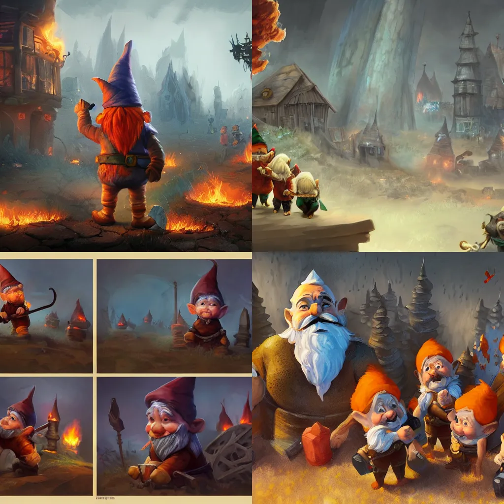 Prompt: the gnomes carry off their prisoners while the city burns, concept art, highly detailed, artstation, smooth, sharp focus, 8 k