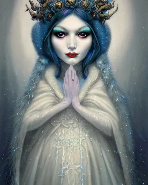 Prompt: frost priestess portrait, by mark ryden, dan hiller, peter mohrbacher, artstation