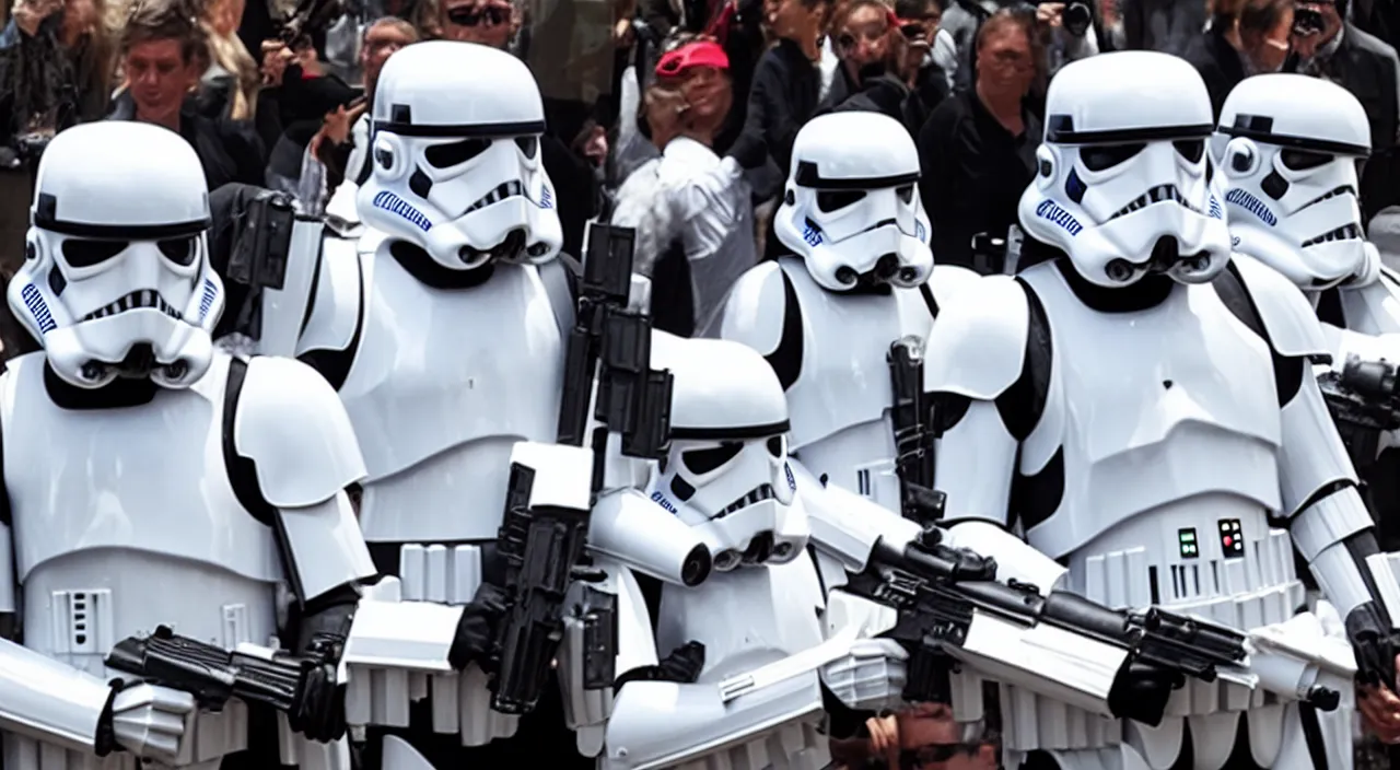 Image similar to star wars stormtroopers shooting donald trump with blasters