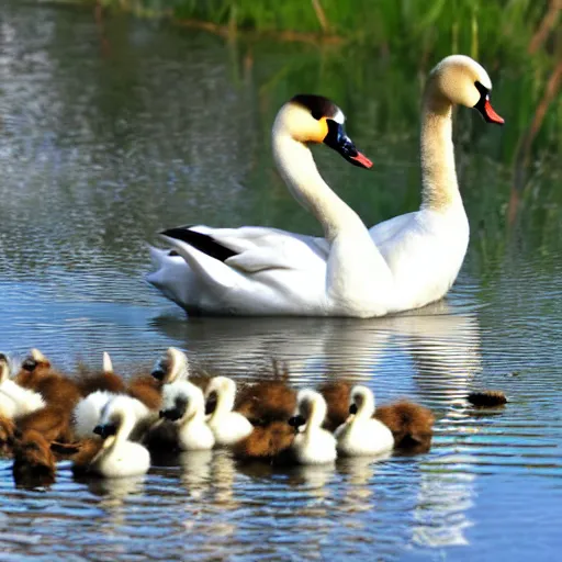 Prompt: a crossbreed of wild duck and a swan, with chicks, photo