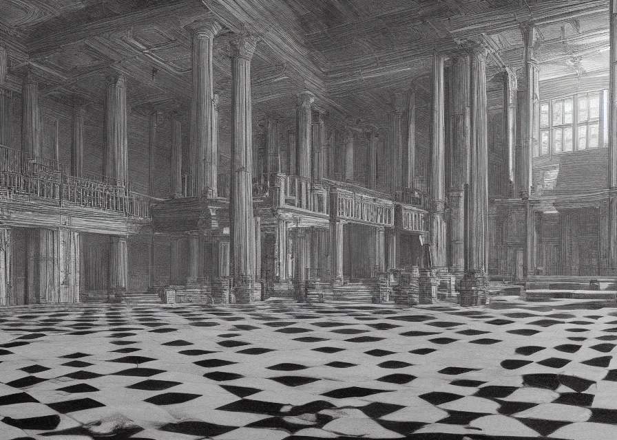 Image similar to interior of a masonic temple with checkered floor, pencil, concept art, detailed, 4k, artstation