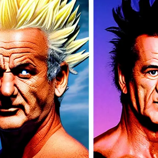 Prompt: Photo realistic live action Super Saiyan Frank Zappa vs Majin Bill Murray WWE takedown ray traced 8K anti-aliased highly detailed cinematic render award winning photography pay-per-view screen recording