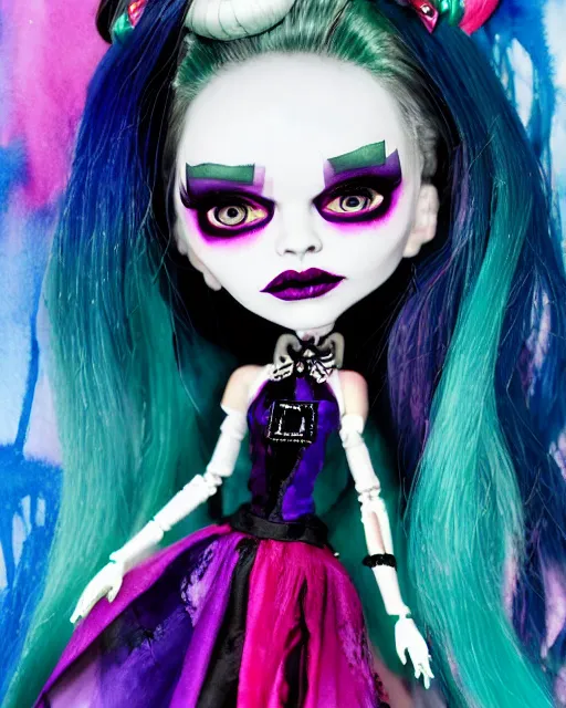 Image similar to colorful watercolor portrait of monster high draculaura doll, by sabrina eras, alice x. zhang, agnes - cecile, blanca alvarez, very detailed