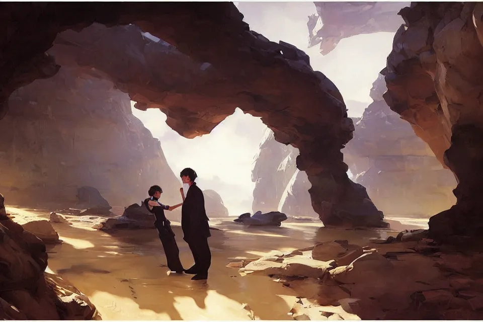 Prompt: ben solo and rei holding each other in a large dark cave, tired, sad, muted colors, painted by krenz cushart, by joaquin sorolla rhads leyendecker, by ohara koson