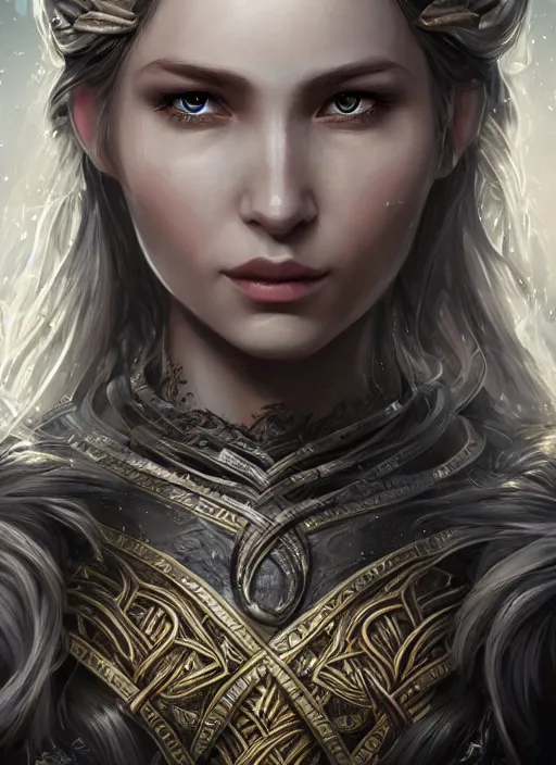 Prompt: up close portrait of a beautiful norse woman, d & d, face, fantasy, intricate, elegant, highly detailed, digital painting, artstation hq, concept art, smooth, sharp focus, 4 k uhd, illustration, art by artgerm and jeehyung lee, dao trong le, trending on artstation, unreal engine 5 highly rendered