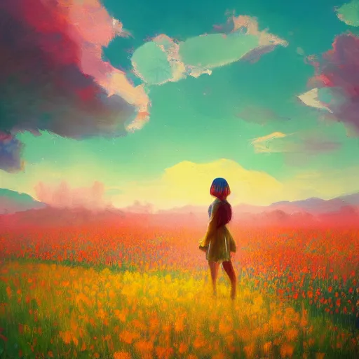 Image similar to girl with a flower face, surreal portrait, dreamlike, standing in flower field, in a valley, sunrise dramatic light, impressionist painting, colorful clouds, artstation, simon stalenhag