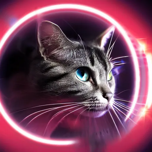 Image similar to Still of a mechanical chrome metallic cat with glowing red eyes staring at the camera, red lens flare