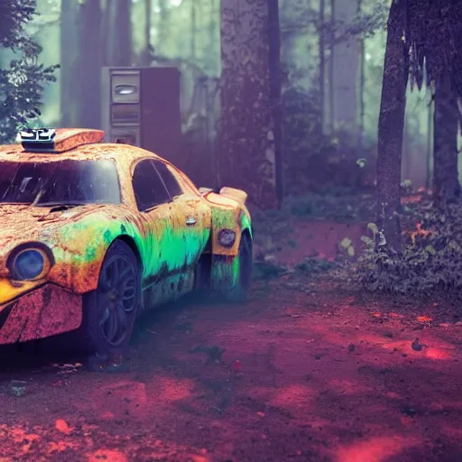 Prompt: abandoned car in the woods, colorful, cyberpunk, dirty, octane render, substance painter, zbrush, trending on artstation, 8K, highly detailed.