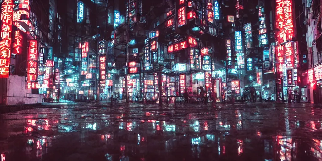 Image similar to underground dystopian city, Neo-Tokyo, at night, rain