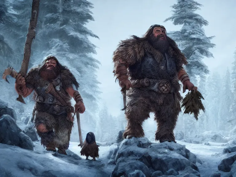 Image similar to Heroic Dwarf woodsmen treading forest with their Companion Raven, RPG Scene, Oil Painting, Trending on Artstation, octane render, Insanely Detailed, 8k, HD