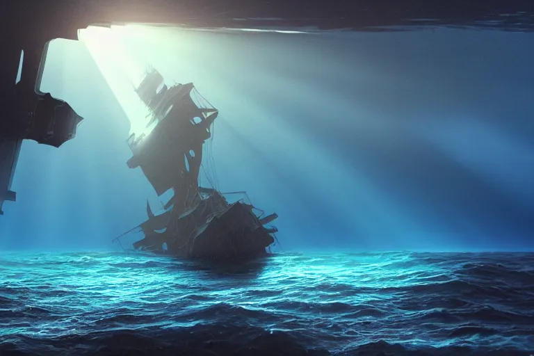 Image similar to a shipwreck on the seafloor in the depths of the ocean, volumetric sun rays, atmospheric immersive painting