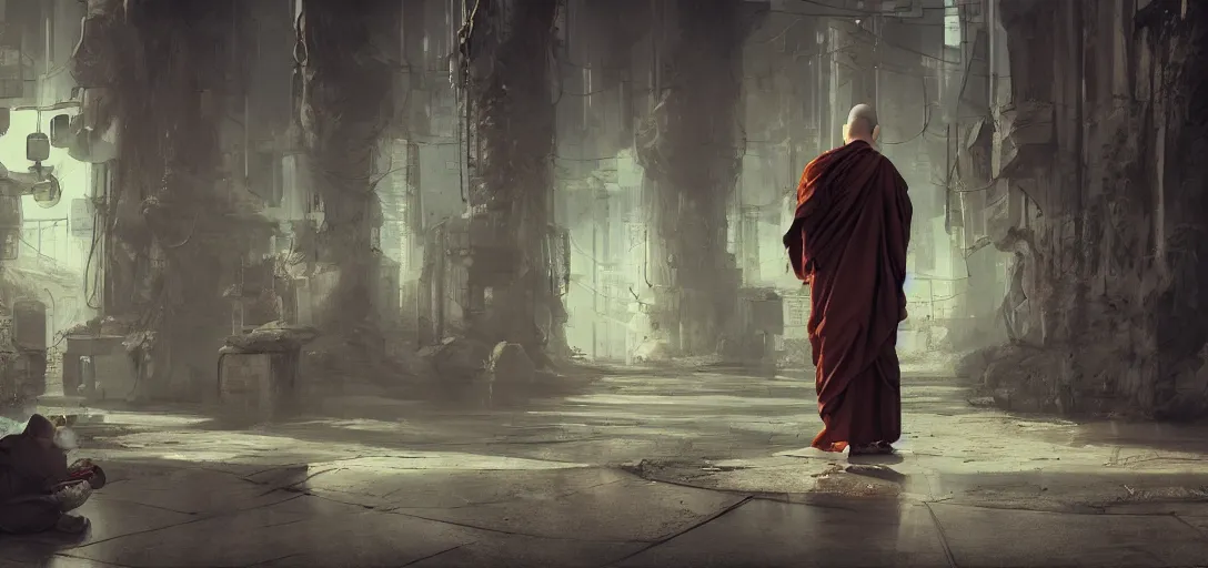 Prompt: 1 monk meditating in a cyberpunk world with people walking around wearing vr headset by eugene von guerard, ivan shishkin, concept art, center composition, trending on artstation