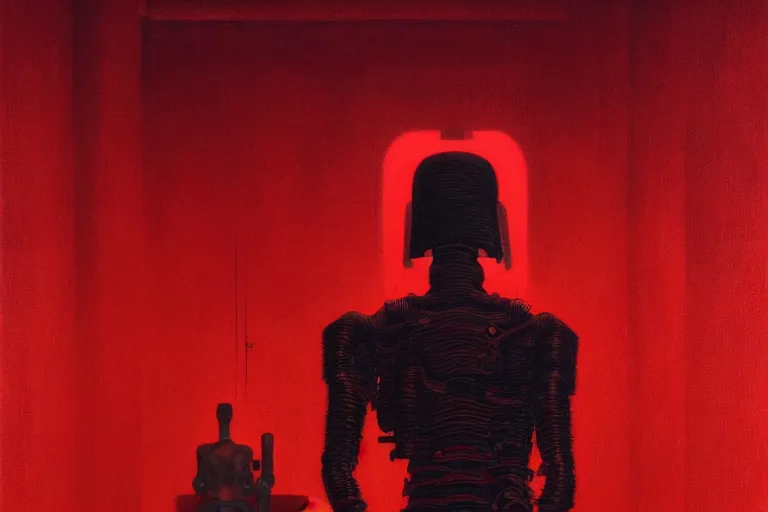 Image similar to only with red, a red cyborg samurai, tokio futuristic in background, some evil yokai, in the style of beksinski, parts by edward hopper, parts by rodcenko, parts by yue minjun, intricate and epic composition, red by caravaggio, insanely quality, highly detailed, masterpiece, red light, artstation, 4 k