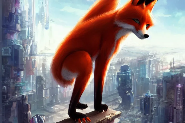 Image similar to an anthropomorphic fox with a fluffy tail staring over a futuristic city from the top of a roof, comic art, trending on furaffinity, cyberpunk, backlighting, cartoon