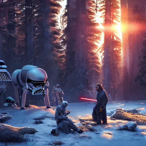 Image similar to sunset breaks through the forest, Dart Vader is fighting Jedis, painting in style of Ivan Shishkin, hypermaximalistic, high details, cinematic, 8k resolution, beautiful detailed, insanely intricate details, artstation trending, octane render, unreal engine,