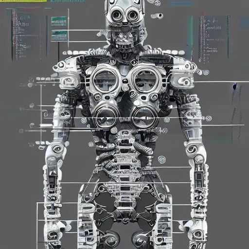 Prompt: parts diagram of a cybernetic warrior with parts labeled, intricate and detailed assembly diagram of a cybernetic soldier 🤖 🦿🦾, photorealistic, symmetrical fine details, jaw dropping details, fantasy concept art, hyper realistic, 8 k, artstation