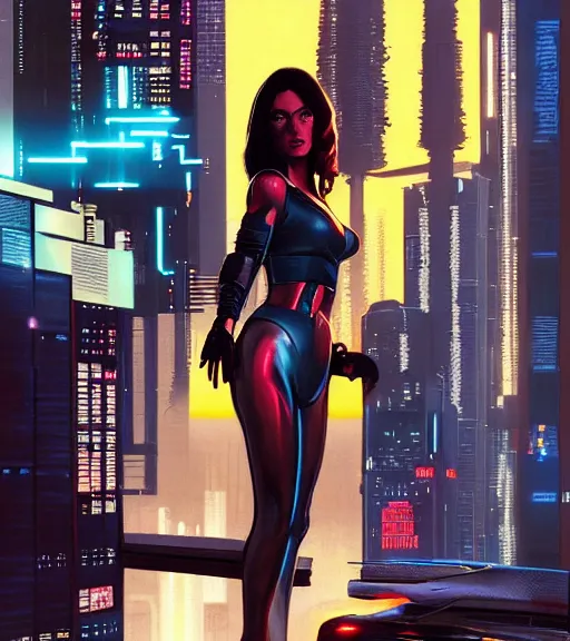 Image similar to cable plugged in, side of head, very very beautiful woman, cyberdeck computer terminal, street level night city, 1 9 7 9 omni magazine cover, style by vincent di fate, artgerm, cyberpunk 2 0 7 7, very coherent, detailed, 4 k resolution, unreal engine, daz