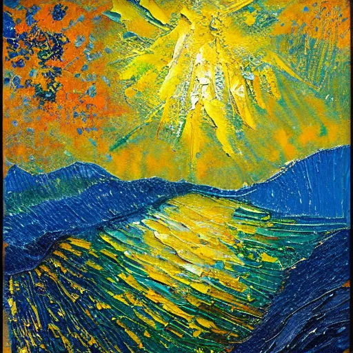 Prompt: oil paint impasto relief, austrian blue mountain with fireworks, multi layered thick brush marks, some splattered paint, in the style of van gogh and redon